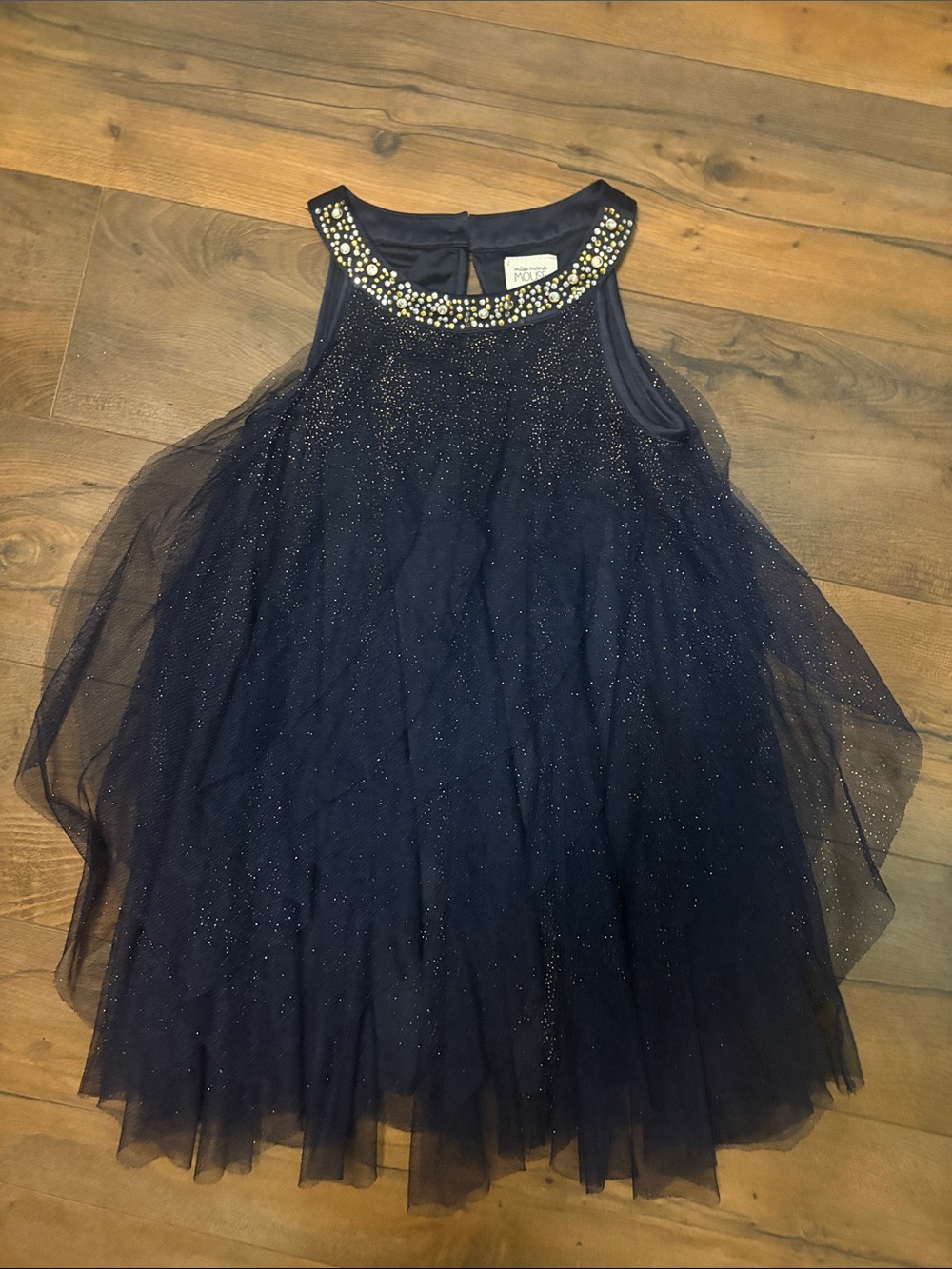 Girls Navy Glitter Tulle Party Dress with Jeweled Neckline